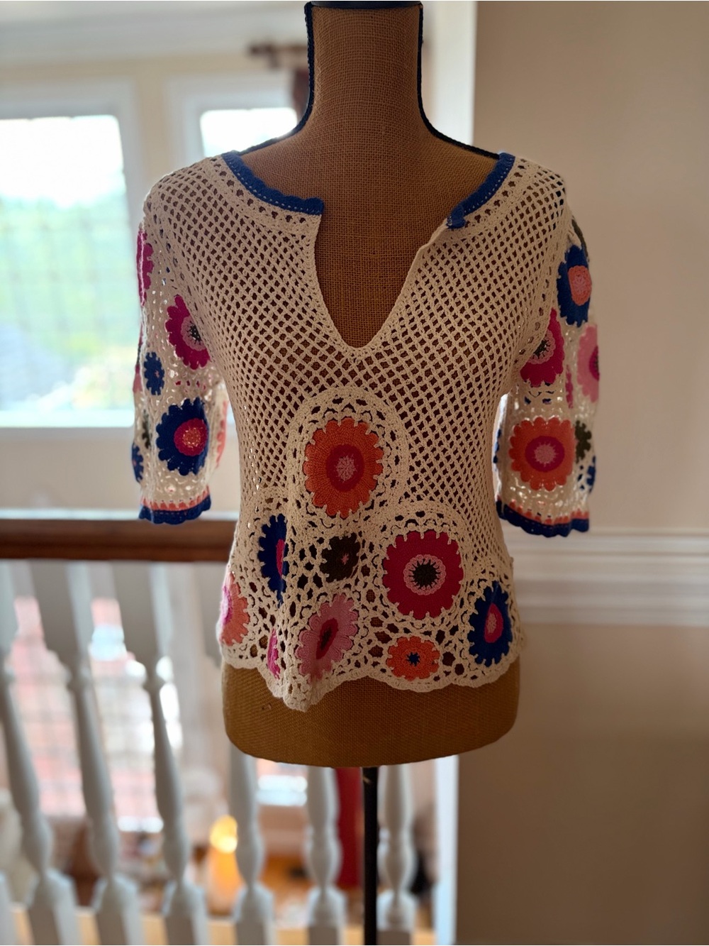 Another Love White Crochet Tunic with Multicolor Flower Motifs